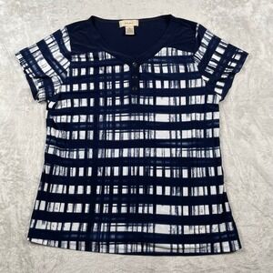 Diana Belle Women's Top XL Blue White Plaid Button V-Neck Short Sleeve